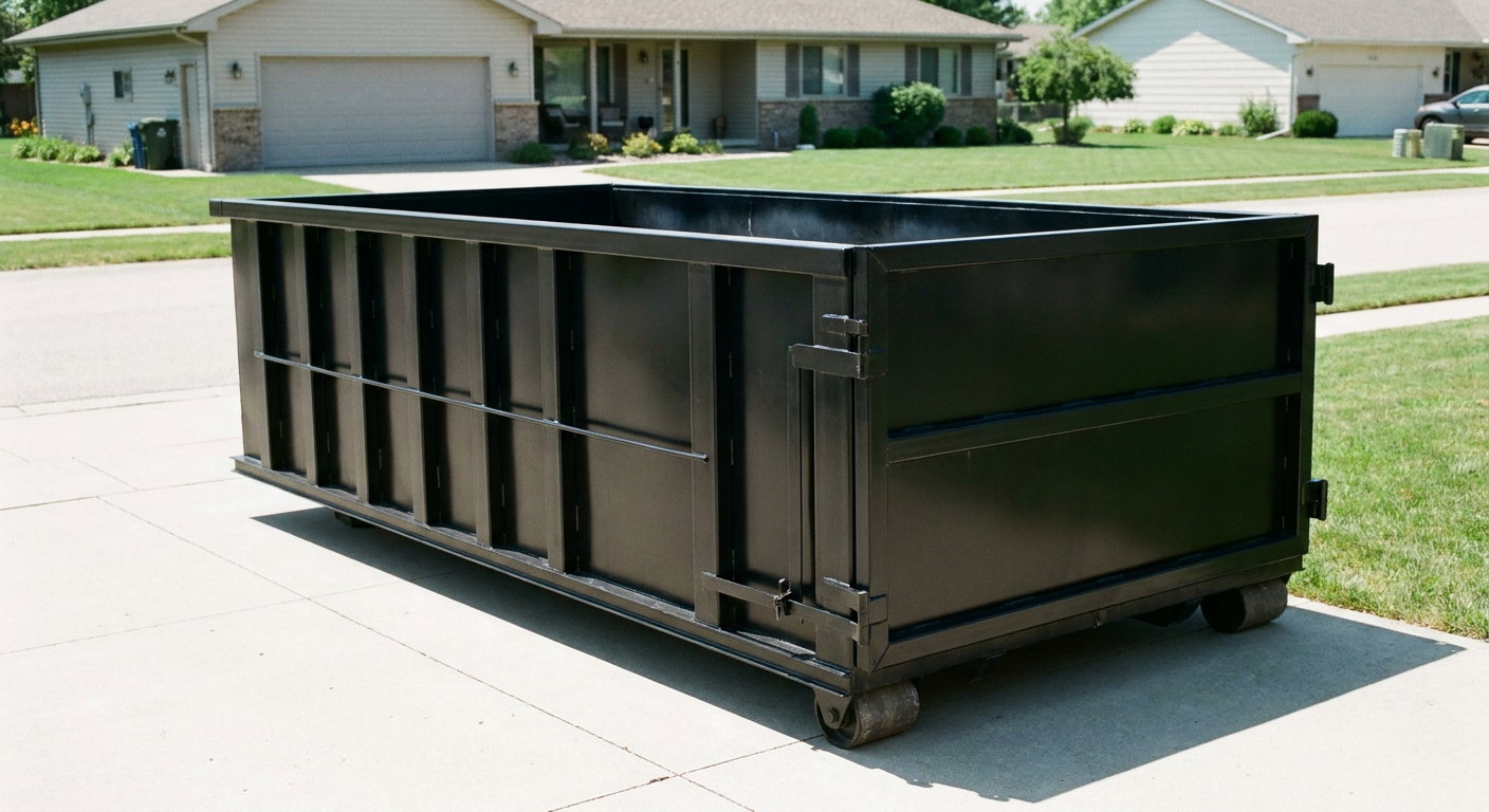 Matte-black 10-yard roll-off dumpster on a residential concrete driveway in Edinburg, uniformly painted matte black across every panel and rail, ribbed steel sidewalls and rear swing door visible, mid-day daylight.