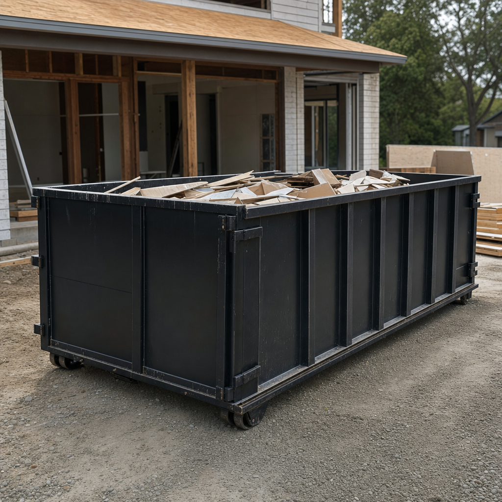 Large matte-black 30-yard construction roll-off dumpster at an active Edinburg jobsite, steel-gray top rails and bottom rollers visible, loaded with construction debris.
