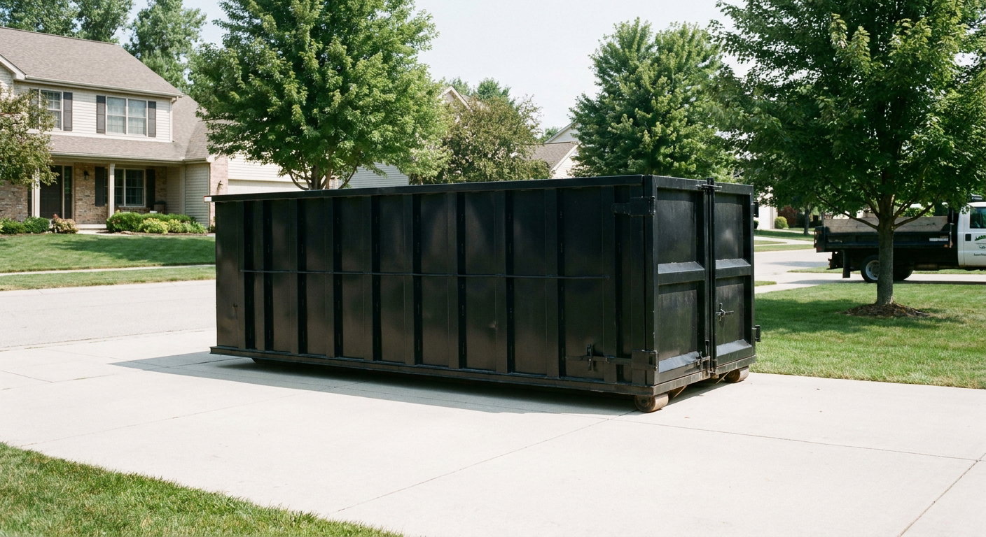 Matte-black 20-yard roll-off dumpster sitting level on a clean Edinburg residential concrete driveway under bright daylight, demonstrating clean placement directly on the concrete.